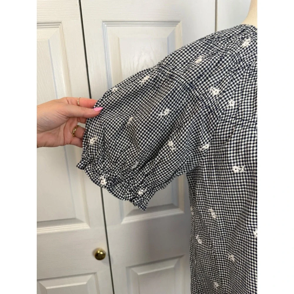 NEW Madewell Linen Blend Gingham Embroidered Floral Puff Sleeve Blouse Top S
